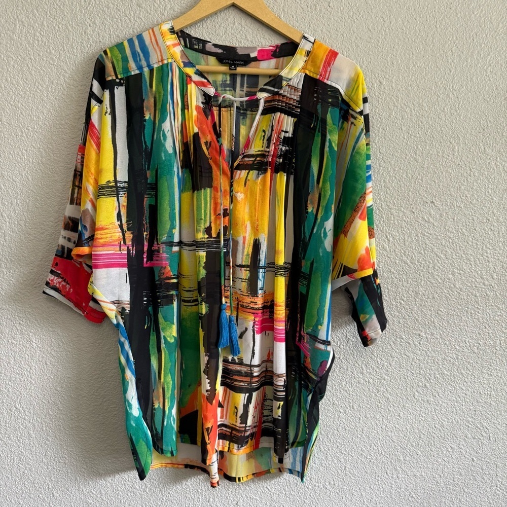 John Mark Colorful Abstract Sheer Blouse Size Medium EUC‎